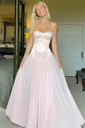 Pink Sweetheart Straps Pleated Satin Chiffon Sleeveless Prom Dress