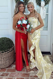 Strapless Ruffles Sleeveless Mermaid Long Prom Dress with Slit