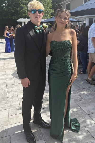 Strapless Appliques Pleats Side Slit Sleeveless Long Prom Dress