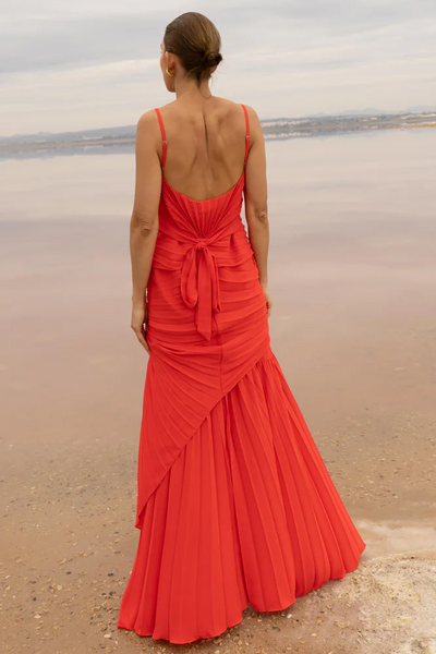 Spaghetti Straps Scoop Neck Ruffles Pleats Sleeveless Prom Evening Dress