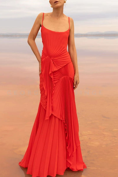 Spaghetti Straps Scoop Neck Ruffles Pleats Sleeveless Prom Evening Dress