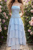Vestido de fiesta vintage azul de gasa y encaje en capas, con tirantes finos y sin mangas