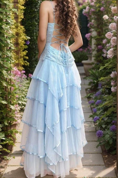 Vintage Blue Spaghetti Straps Ruffles Sleeveless Appliques Prom Dress