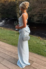 Elegant Straps Blue Scoop Neck Pleated Sleeveless Satin Formal Dress