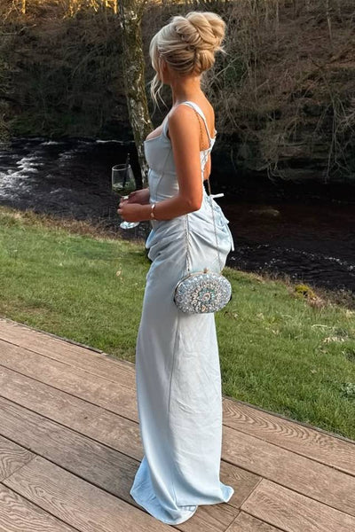 Elegant Straps Blue Scoop Neck Pleated Sleeveless Satin Formal Dress