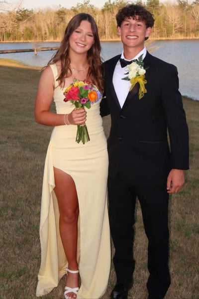 Yellow Straps High Slit Satin Pleats Sleeveless Long Formal Prom Dress