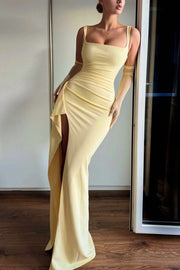 Yellow Straps High Slit Satin Pleats Sleeveless Long Formal Prom Dress