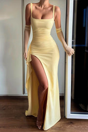 Yellow Straps High Slit Satin Pleats Sleeveless Long Formal Prom Dress