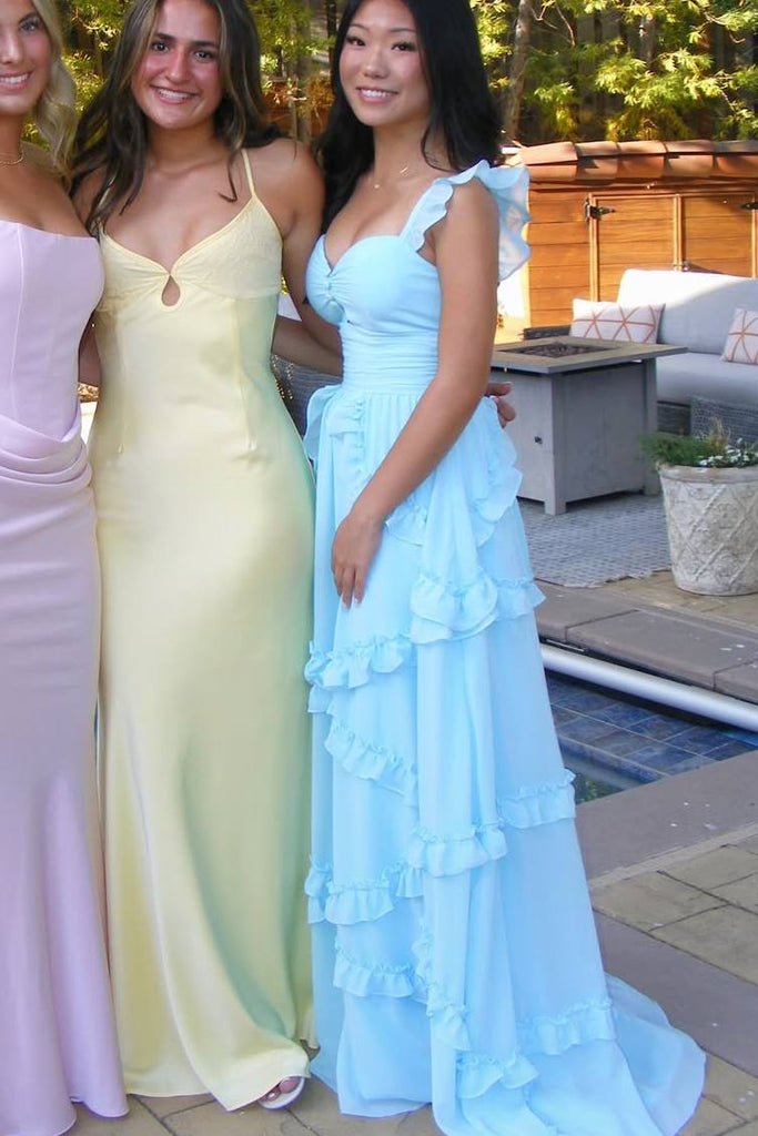 Blue A-Line Empire-Waist Ruffles Sleeveless Chiffon Prom Dress, Button - Princessly Blue A-Line Empire-Waist Ruffles Sleeveless Chiffon Prom Dress, Button - Princessly