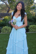 Blue A-Line Empire-Waist Ruffles Sleeveless Chiffon Prom Dress, Buttons