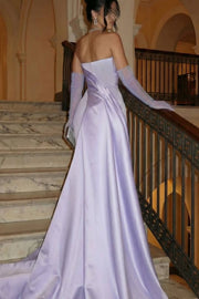 Elegant Strapless Sleeveless Pleated Satin Evening Prom Dress with Train