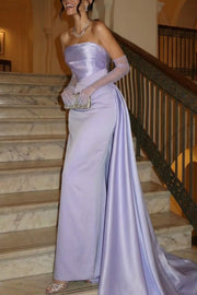 Elegant Strapless Sleeveless Pleated Satin Evening Prom Dress with Train