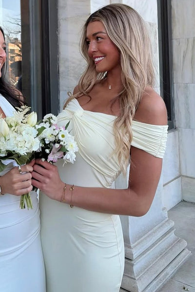 Yellow Off-Shoulder Twist Pleats Satin Fitted Long Party Dress