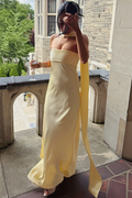 Strapless Yellow Satin Sleeveless Fitted Long Formal Prom Dress