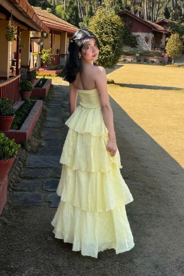 Yellow Strapless A-Line Empire-Waist Ruffles Sleeveless Prom Dress