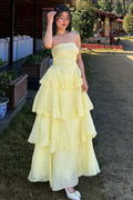 Yellow Strapless A-Line Empire-Waist Ruffles Sleeveless Prom Dress