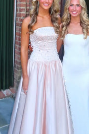 Elegant Pink A-Line Strapless Beaded Empire-Waist Pleated Prom Dress