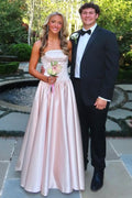 Pink A-Line Strapless Beaded Pleated Satin Formal Prom Dress