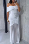 Off-Shoulder Pleated White Chiffon Long Evening Prom Dress