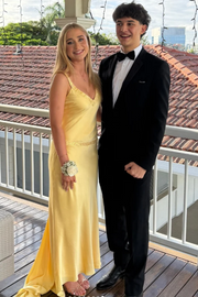 Yellow V-Neck Double Straps Sleeveless Satin Formal Prom Dress