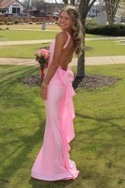 Pink Halter V-Neck Pleats Satin Mermaid Long Dress with Ruffles