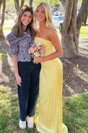 Yellow Strapless Pleated Scoop Neck Sleeveless Formal Prom Dress
