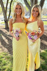 Yellow Strapless Pleated Scoop Neck Sleeveless Formal Prom Dress