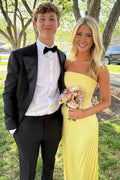 Yellow Satin Strapless Pleated Straight Neck Sleeveless Prom Dress