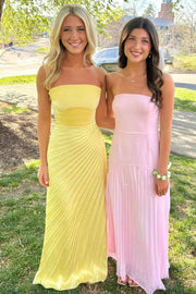 Yellow Strapless Pleated Scoop Neck Sleeveless Formal Prom Dress