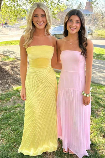 Yellow Strapless Pleated Scoop Neck Sleeveless Formal Prom Dress