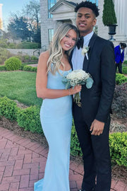 Blue Strapless Scoop Neck Pleats Sleeveless Long Prom Dress