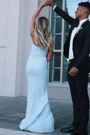 Blue Strapless Scoop Neck Pleats Sleeveless Long Prom Dress