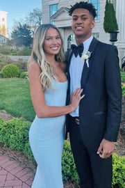 Blue Strapless Scoop Neck Pleats Sleeveless Long Prom Dress