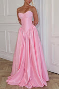 A-Line Pink Satin Sleeveless Strapless Pleated Long Formal Prom Dress