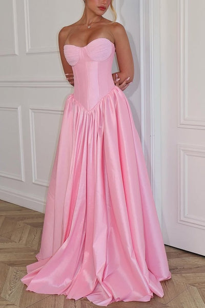 A-Line Satin Empire-Waist Sleeveless Strapless Pleated Long Prom Dress