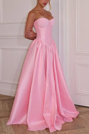 A-Line Satin Empire-Waist Sleeveless Strapless Pleated Long Prom Dress