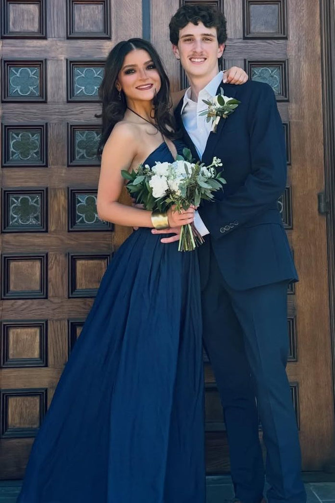 Navy Blue Satin Halter Cut-out Sleeveless Pleats Long Prom Dress, Slit