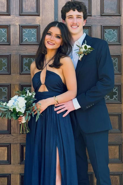 Navy Blue Halter Empire-Waist Sleeveless Pleats Long Prom Dress with Slit