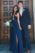 Navy Blue Satin Halter Cut-out Sleeveless Pleats Long Prom Dress, Slit