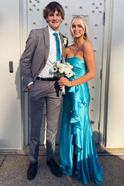 Blue Strapless Ruffles Pleats Mermaid Long Prom Dress with Slit