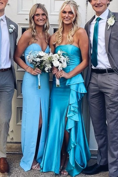 Blue Strapless Ruffles Pleats Mermaid Long Prom Dress with Slit