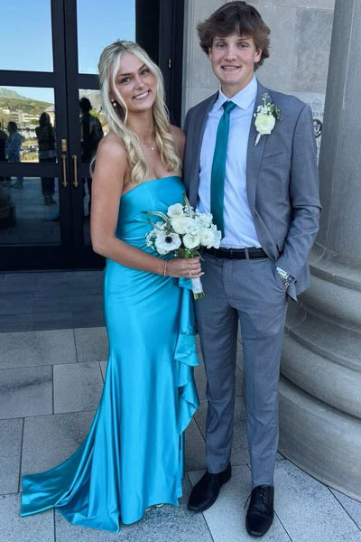 Blue Strapless Ruffles Pleats Mermaid Long Prom Dress with Slit