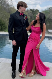 Spaghetti Straps Pleats Sleeveless Satin Prom Dress with Slit