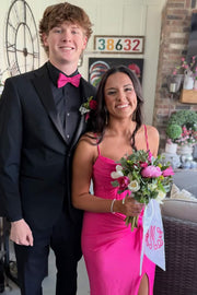 Spaghetti Straps Pleats Sleeveless Satin Prom Dress with Slit