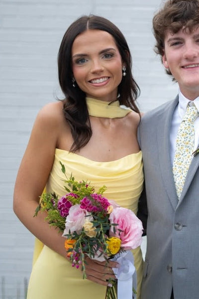 Yellow Strapless Scoop Neck Pleats Satin Long Formal Dress