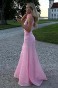 Pink Satin High Neck 3D Flowers Sleeveless Evening Prom Dress, Slit