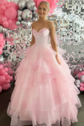 Princess Pink Satin Tulle Strapless V-Neck Layered Ruffles Prom Dress