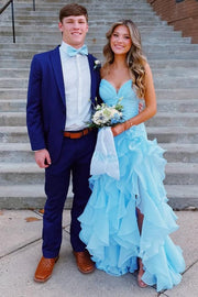 Blue V-Neck Strapless Ruffles Sleeveless A-Line Dress with Slit