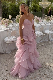 Blue V-Neck Strapless Ruffles Sleeveless A-Line Dress with Slit