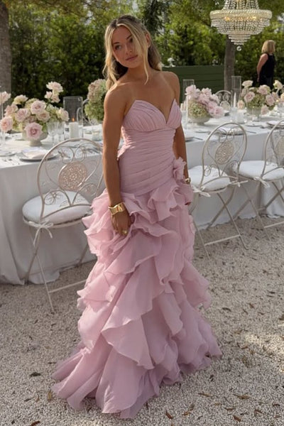 Blue V-Neck Strapless Ruffles Sleeveless A-Line Dress with Slit